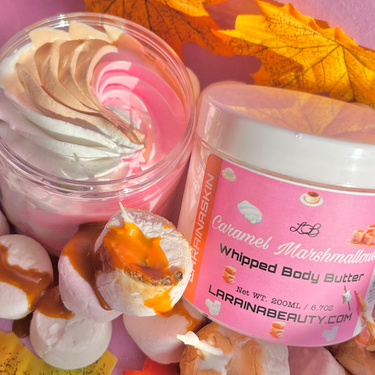 Marshmallow and caramel Whipped Body Butter  is a sweet dessert autumn scented body butter cream with the most and best moisturising benefits to dry skin. the best uk body cream that leaves the skin glowing, packed with vitamin e, 99% natural ingredients and alcohol free. 
