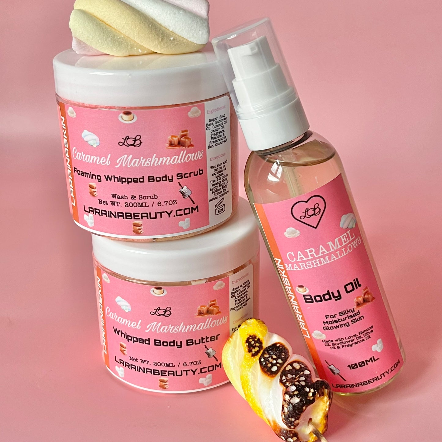 Caramel Vanilla Body Trio -bodycare set, body butter, body scrub and body oil. This trio bundle is the best skin care kit and mini pamper set for gift giving. sugar scrub for the smoothest exfoliation, made with soap so all you need is wet skin to start. Then use natural moisturising body cream great for dry skin. apply the most hydrating body oil spray to help relief stress. This dry body oil is a simple skincare routine that you can layer with your perfumes.