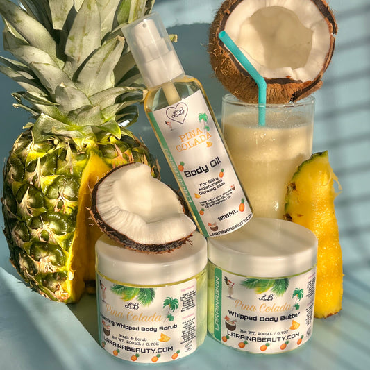 Pina Colada bundle set, our bodycare trios include the body butter, body scrubs and body oils. the key to moisturised hydrating, clean healthy glowing skin for all especially dry skin. A mouthwatering accord with top notes of juicy pineapple with a heart of creamy coconut on a base of sweet vanilla and creamy musks.