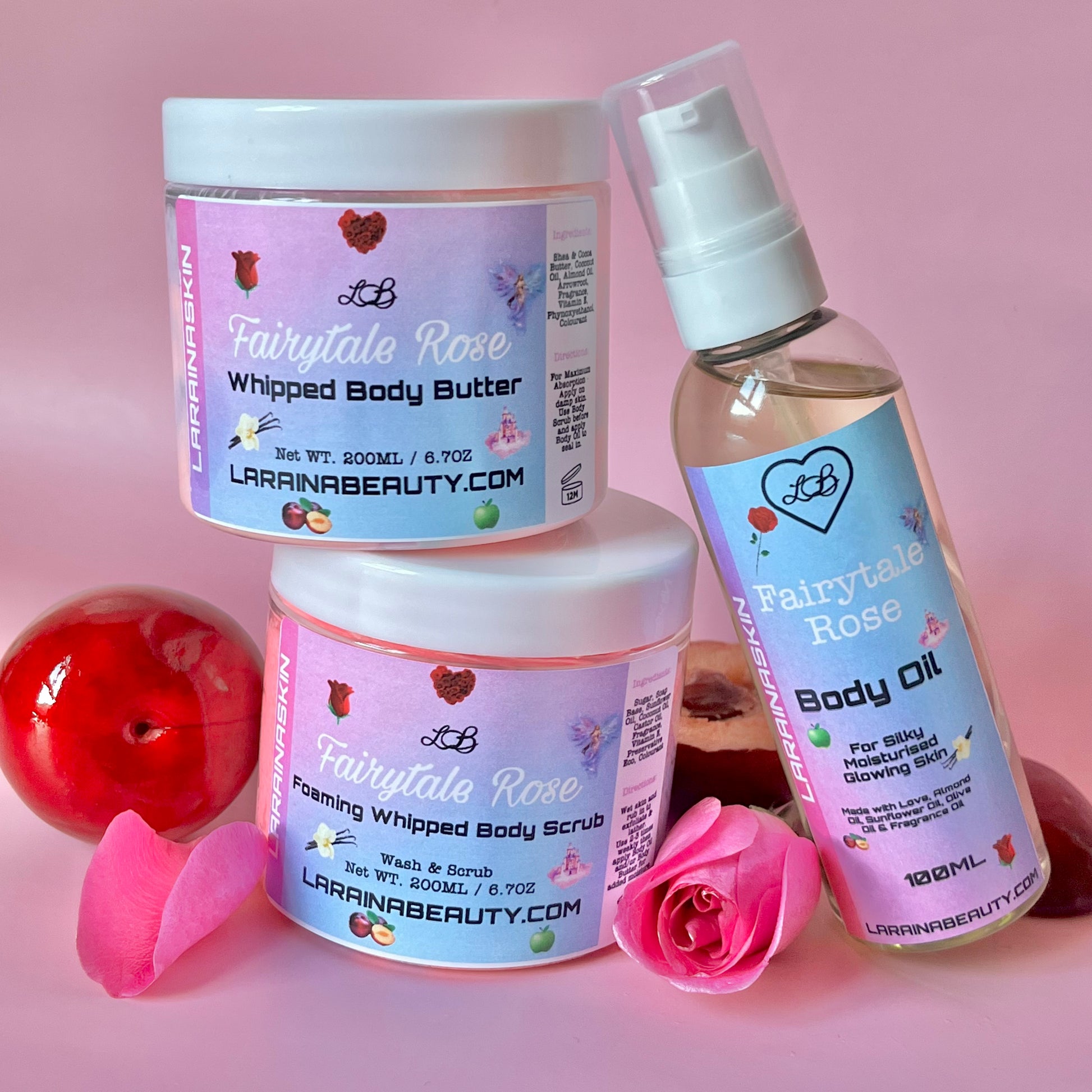 Rose Body Care Trio -bodycare set, body butter, body scrub and body oil. This trio bundle is the best skin care kit and mini pamper set for gift giving. sugar scrub for the smoothest exfoliation, made with soap so all you need is wet skin to start. Then use natural moisturising body cream great for dry skin. apply the most hydrating body oil spray to help relief stress. This dry body oil is a simple skincare routine  that you can layer with your perfumes. 