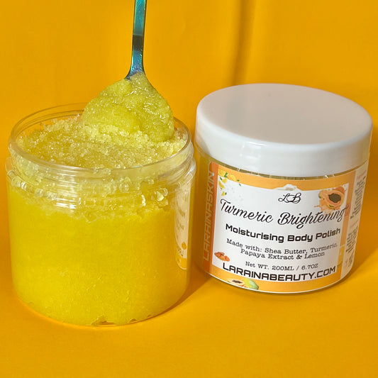 brightening exfoliation with turmeric powder, this exfoliating body scrub is made with natural ingredients and is fragrance free, suitable to sensitive skin. made with shea butter, skin exfoliator papaya extract and lemon essential. Gets rid of dead dry skin and adds a radiant glow to the natural skin