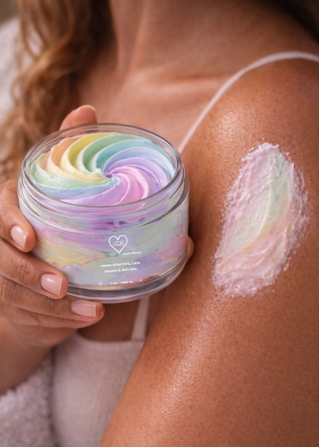 Unicorn Glaze Whipped Body Butter - Unicorn/bubblegum/candy-floss, rainbow sweet fruity scented body moisturiser for dry skin and inflammatory skin conditions. Winter Skincare treatment, uk handmade vegan body butter