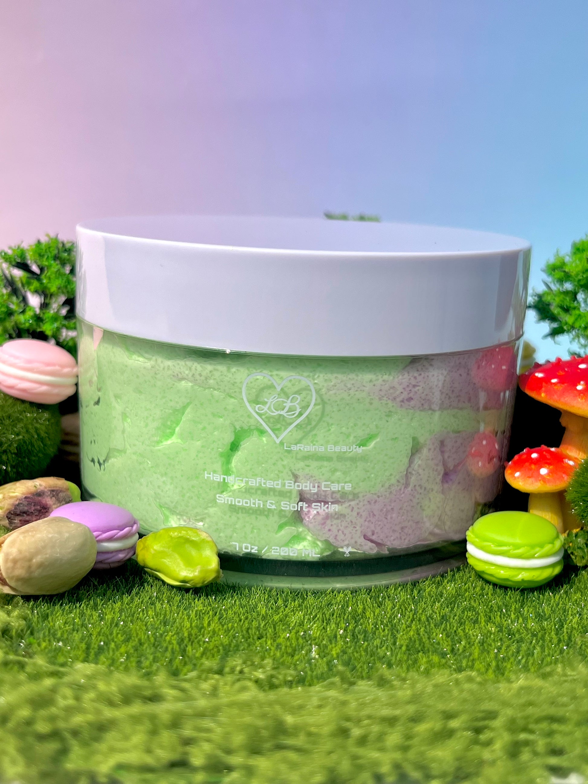 Pistachio macaron exfoliant, creamy nutty and surge spun gourmand dessert inspired bodycare. A foaming/cleansing and exfoliating gentle body scrub to achieve smooth soft skin. UK handmade Vegan skincare that brings a fun luxurious experience to self care and shower routines. Scrub and get rid of patchy dry skin, clogged pores and ingrown hairs. The best body scrub you could ever ask for.
