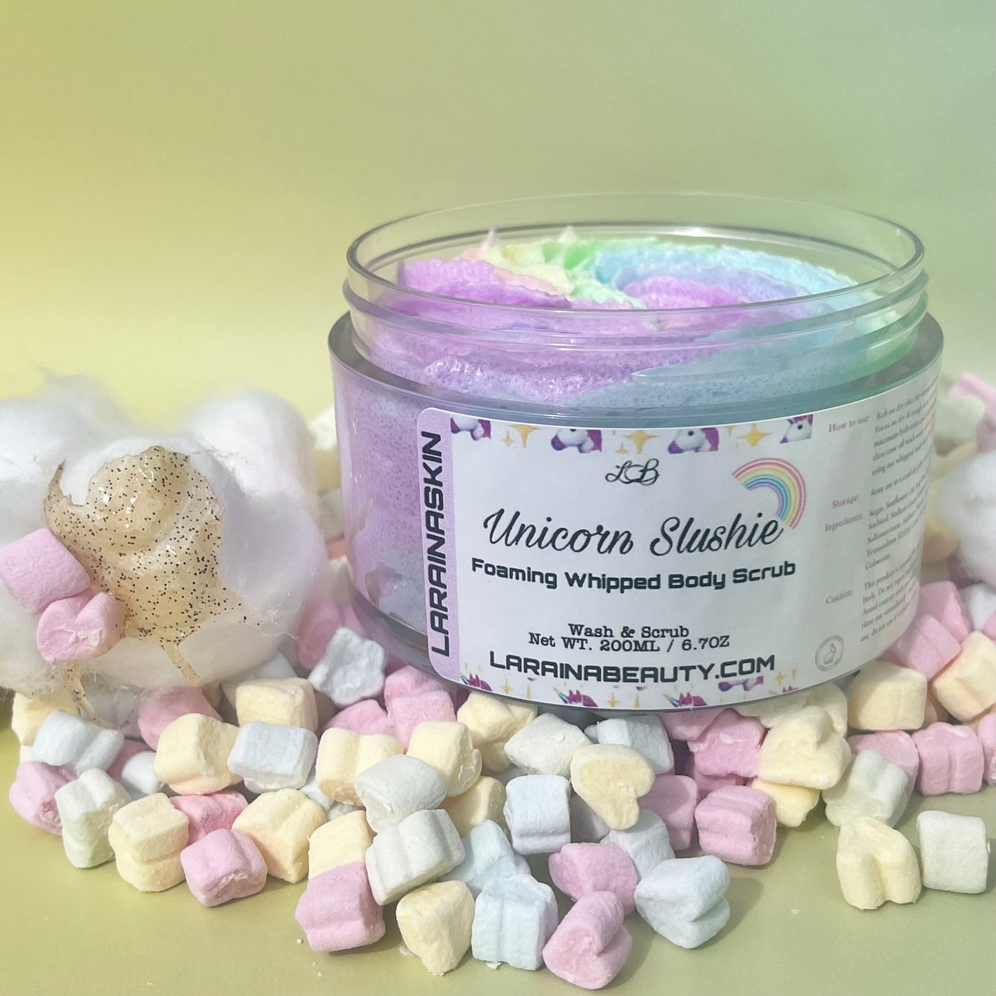 Unicorn foaming soap body scrub with a sweet scent of vanilla and fruits. Great for dry flaky skin that needs a gentle exfoliation for glowing smooth and soft skin. The best uk body scrub that leaves the skin cleansed, hydrated with vitamin e, suitable for sensitive skin. Get Healthy nourished skin with our bodycare that are also ideal for gifting such as for Christmas or birthday pamper box sets. 