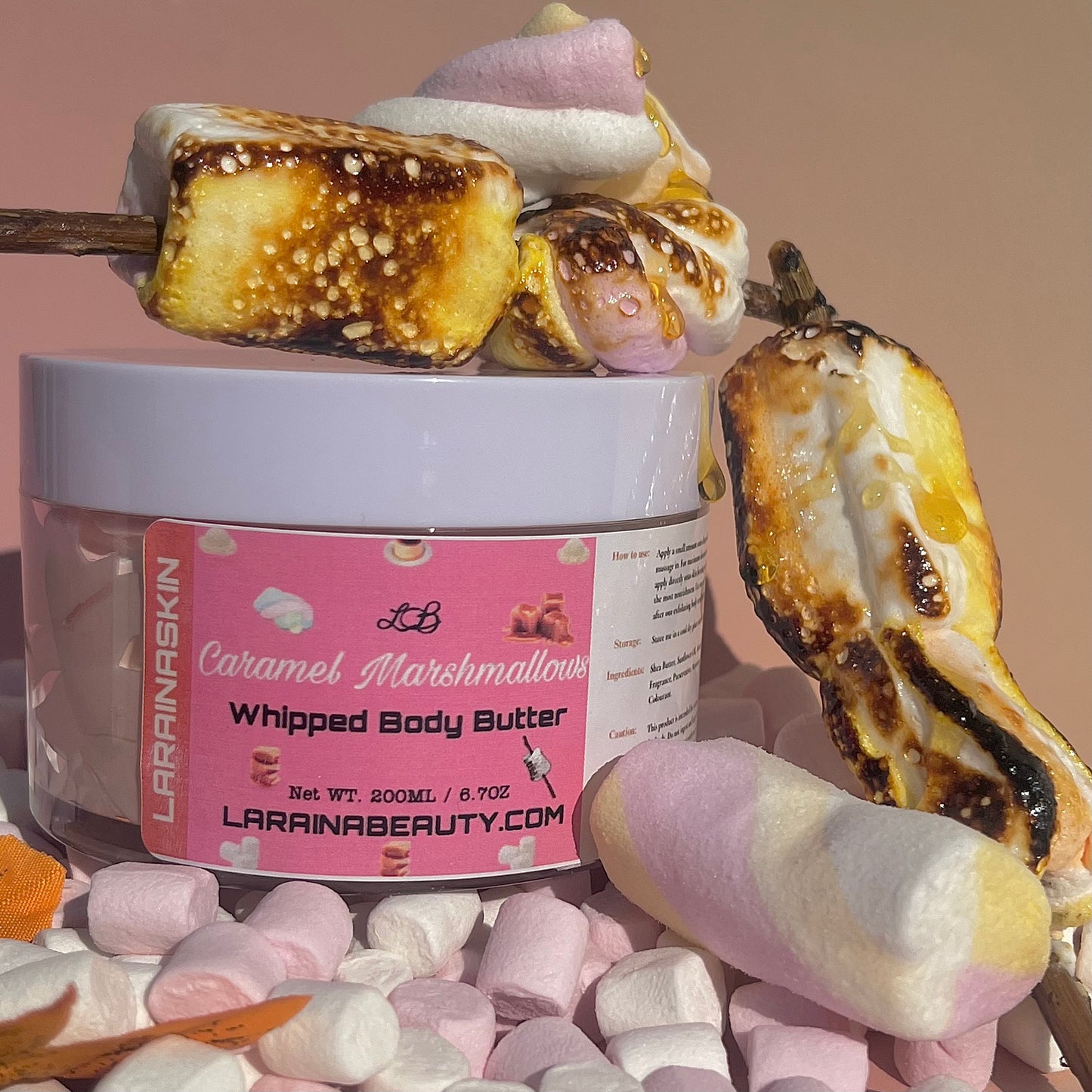 Marshmallow and caramel Whipped Body Butter  is a sweet dessert autumn scented body butter cream with the most and best moisturising benefits to dry skin. the best uk body cream that leaves the skin glowing, packed with vitamin e, 99% natural ingredients and alcohol free. 