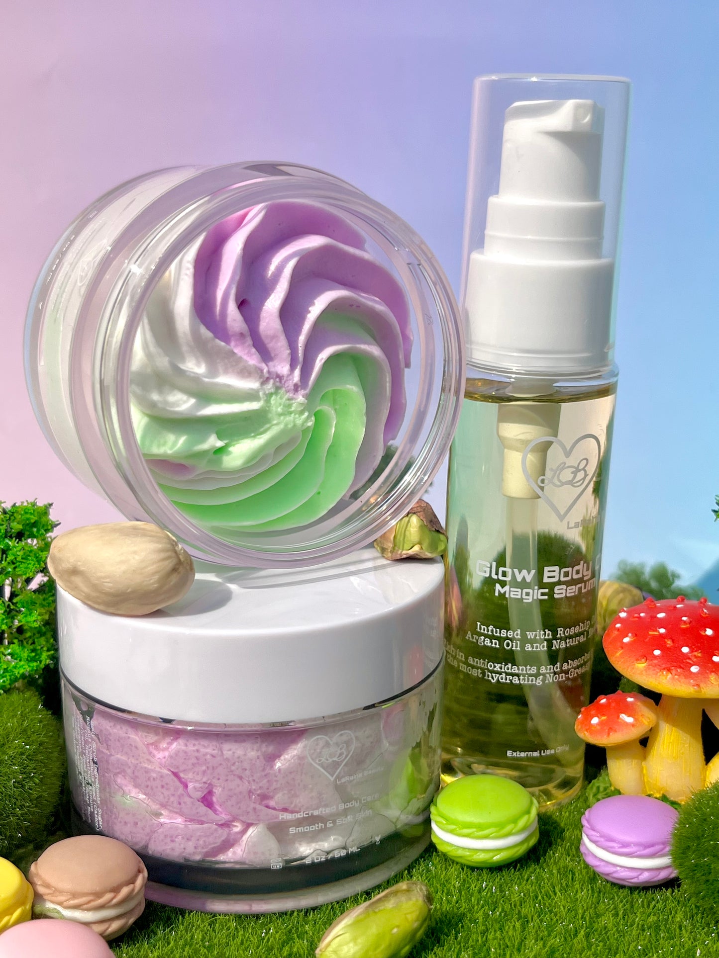 Pistachio Macaron body bundle- gourmand dessert inspired skincare gift set - body scrub to exfoliate and smooth, body butter to moisturiser dry skin & body oil to hydrate and seal for a healthy soft skin. Radiant glowing skincare routine - uk handmade vegan body butter. Creamy, nutty and sugar spun.