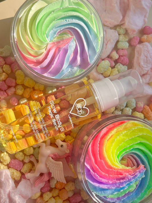 Unicorn body bundle- rainbow sweet fruity skincare gift set - body scrub to exfoliate and smooth, body butter to moisturiser dry skin & body oil to hydrate and seal for a healthy soft skin. Radiant glowing skincare routine - uk handmade vegan body butter