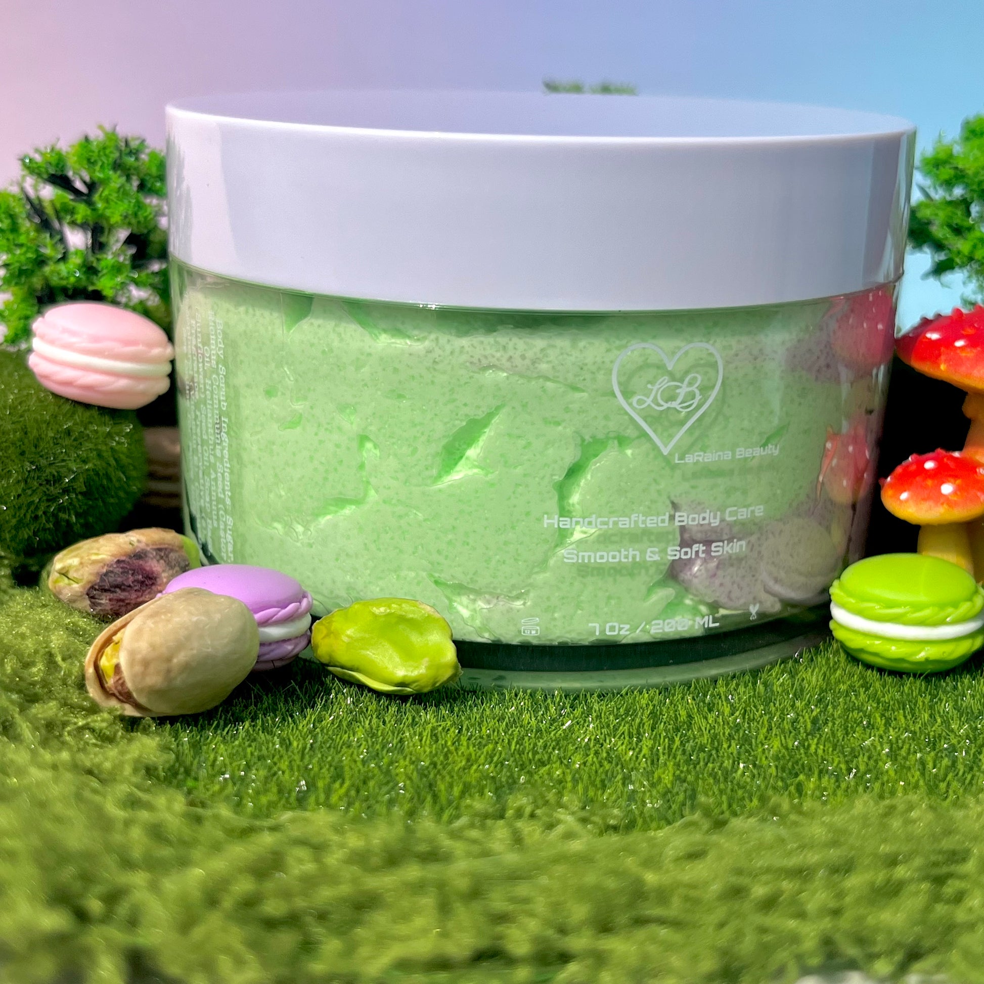 Pistachio macaron exfoliant, creamy nutty and surge spun gourmand dessert inspired bodycare. A foaming/cleansing and exfoliating gentle body scrub to achieve smooth soft skin. UK handmade Vegan skincare that brings a fun luxurious experience to self care and shower routines. Scrub and get rid of patchy dry skin, clogged pores and ingrown hairs. The best body scrub you could ever ask for.