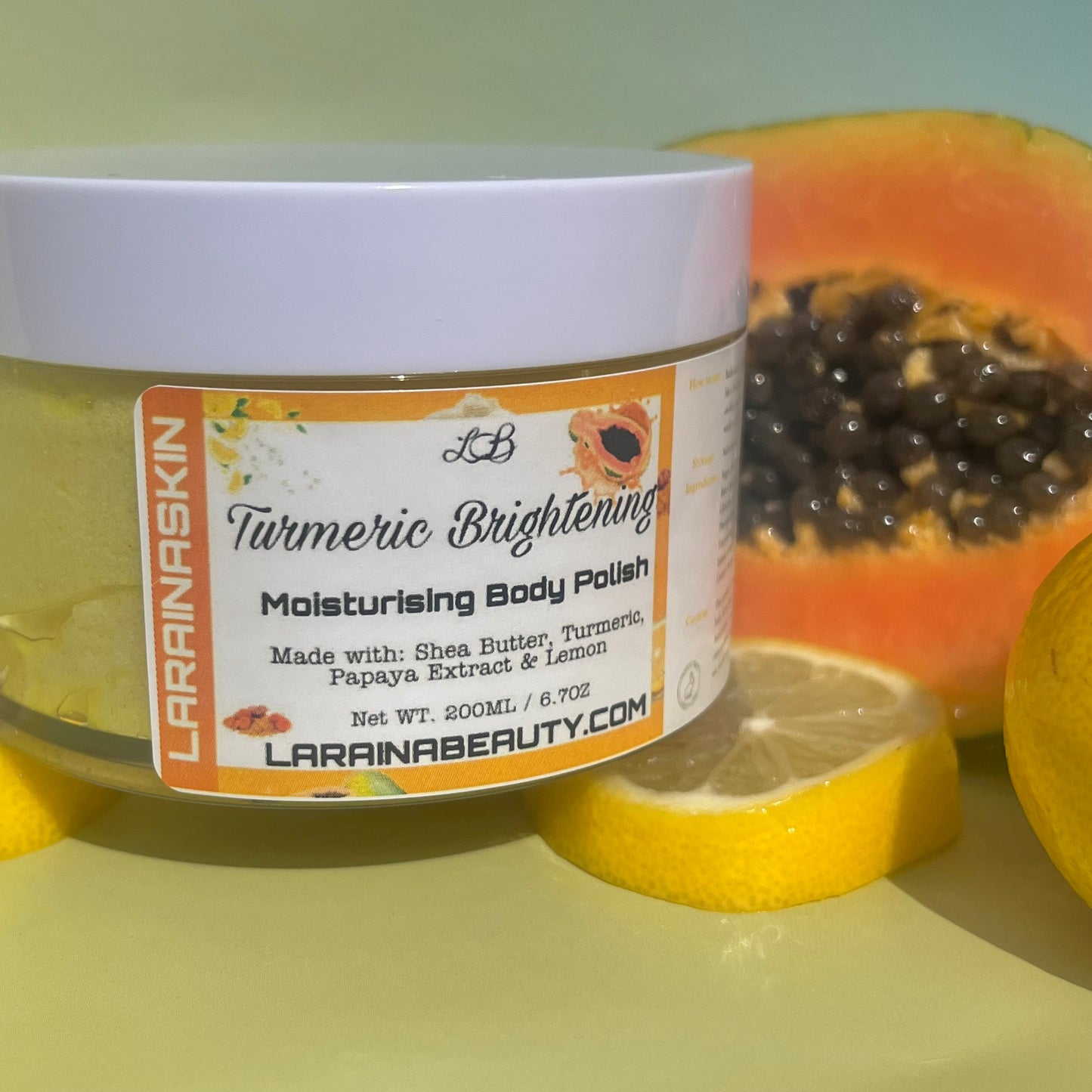 Turmeric Moisturising Body Polish is a body brightening scrub with deep exfoliating and moisturising benefits best for dry skin with inflammatory condition and those with hyperpigmentation or uneven skin looking for that natural glow. Made with turmeric powder and oil, lemongrass and lemon Essential oil, Shea butter and papaya extract. Its antibacterial properties also makes it ideal for oily skin with clogged pores and those likely to suffer ingrown hairs and body acne.