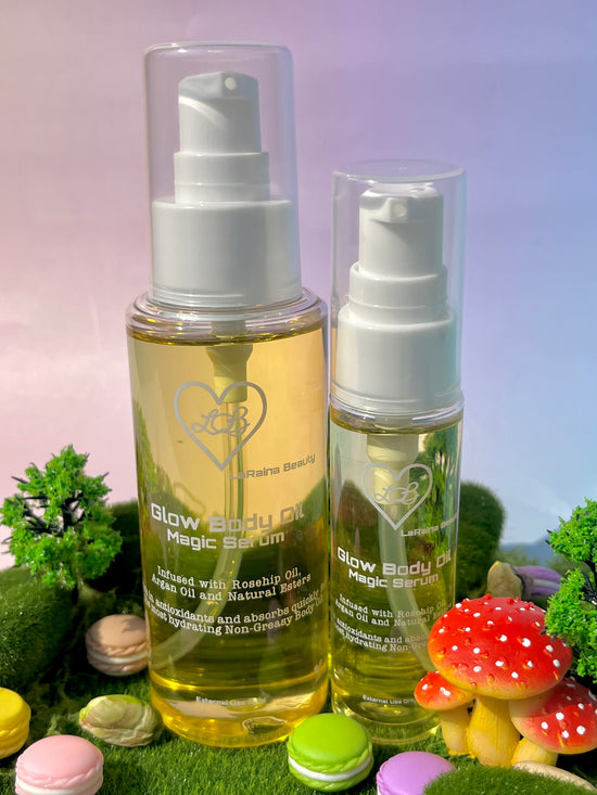 Two bottles of 'Glow Body Oil Magic Serum' with decorative elements on a colorful background