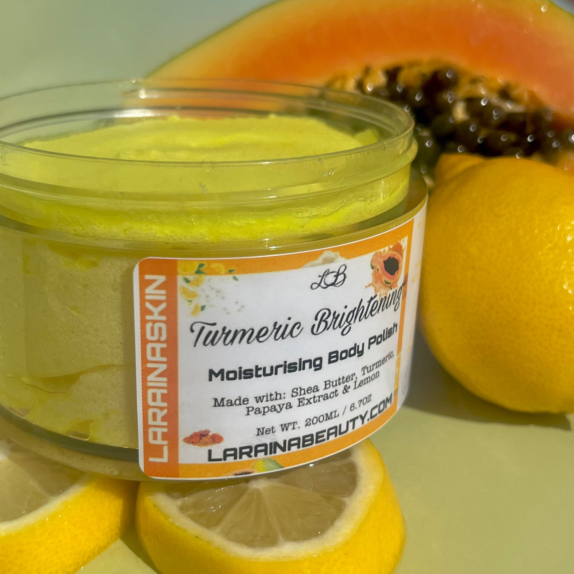 Turmeric Moisturising Body Polish is a body brightening scrub with deep exfoliating and moisturising benefits best for dry skin with inflammatory condition and those with hyperpigmentation or uneven skin looking for that natural glow. Made with turmeric powder and oil, lemongrass and lemon Essential oil, Shea butter and papaya extract. Its antibacterial properties also makes it ideal for oily skin with clogged pores and those likely to suffer ingrown hairs and body acne.