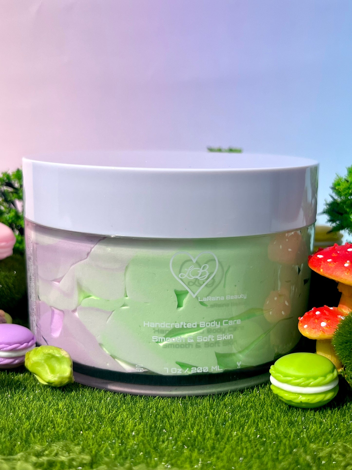 creamy nutty sugar Whipped Body Butter - Pistachio macaron scented body moisturiser for dry skin and inflammatory skin conditions. Skincare treatment, uk handmade vegan body butter, gourmand dessert inspired bodycare