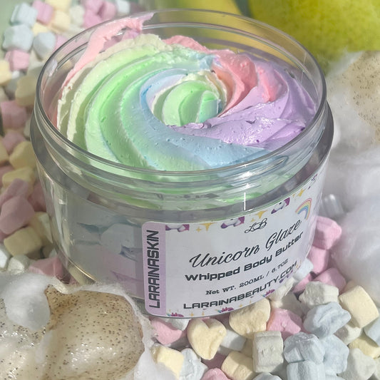 Unicorn body butter with a sweet scent of vanilla and fruits. Great for dry flaky skin that needs a boost for glowing soft skin. Made with Shea butter and other nourishing ingredients to keep Moisturised. The best uk body cream that leaves the skin glowing, packed with vitamin e, 99% natural ingredients. Get Healthy nourished skin with our bodycare that are also ideal for gifting such as for Christmas or birthday pamper box sets. 