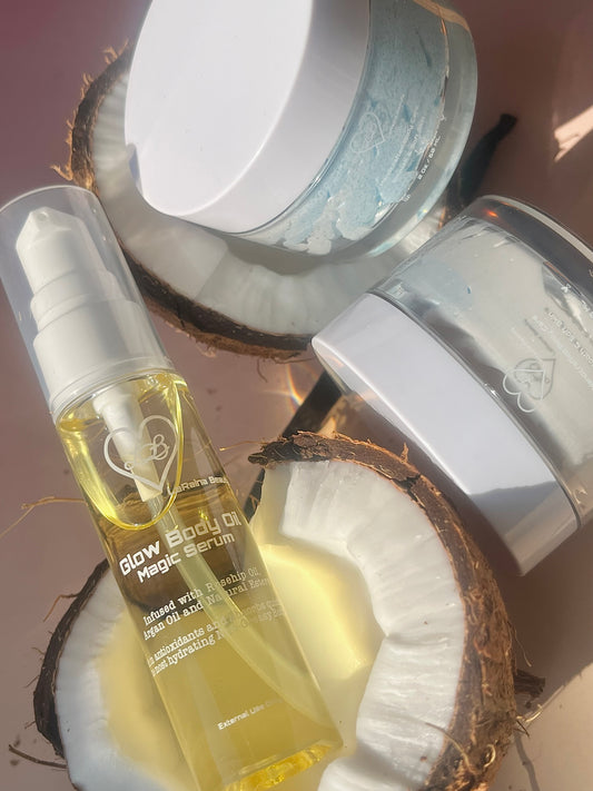 Dreamy Coconut body bundle- Exotic coconut Creamy vanilla aroma skincare gift set - body scrub to exfoliate and smooth, body butter to moisturiser dry skin & body oil to hydrate and seal for a healthy soft skin. Radiant glowing skincare routine - uk handmade vegan body butter