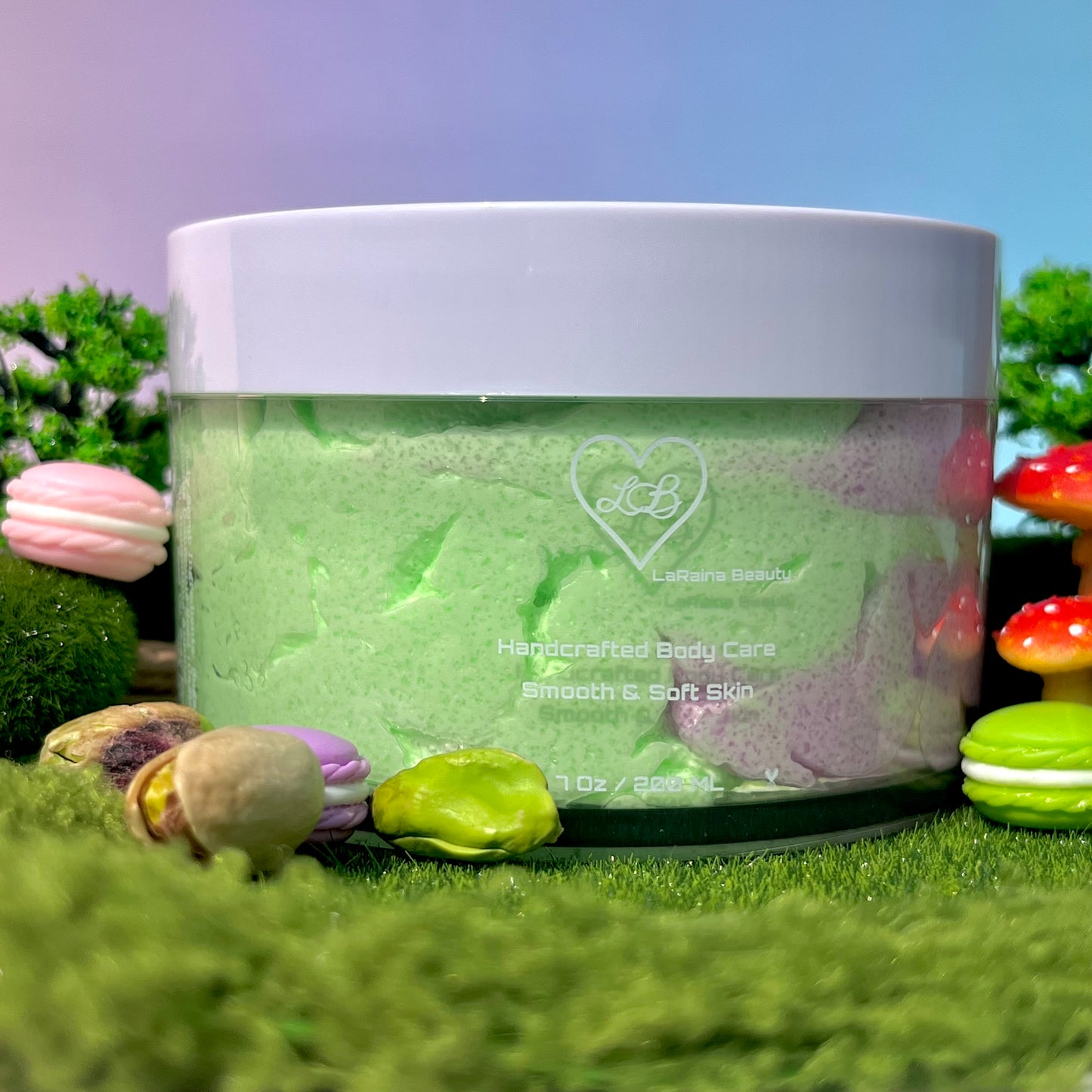Jar of colourful body scrub with decorative elements on a grassy background