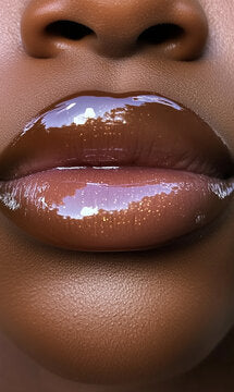 Close-up of glossy lips with a focus on texture and color.