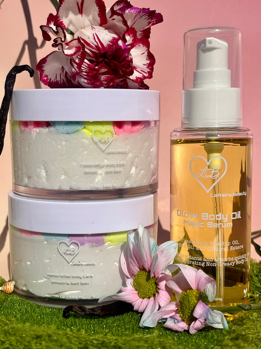 Fairy Flower Bomb body bundle- good girl perfume skincare gift set - body scrub to exfoliate and smooth, body butter to moisturiser dry skin & body oil to hydrate and seal for a healthy soft skin. Radiant glowing skincare routine - uk handmade vegan body butter