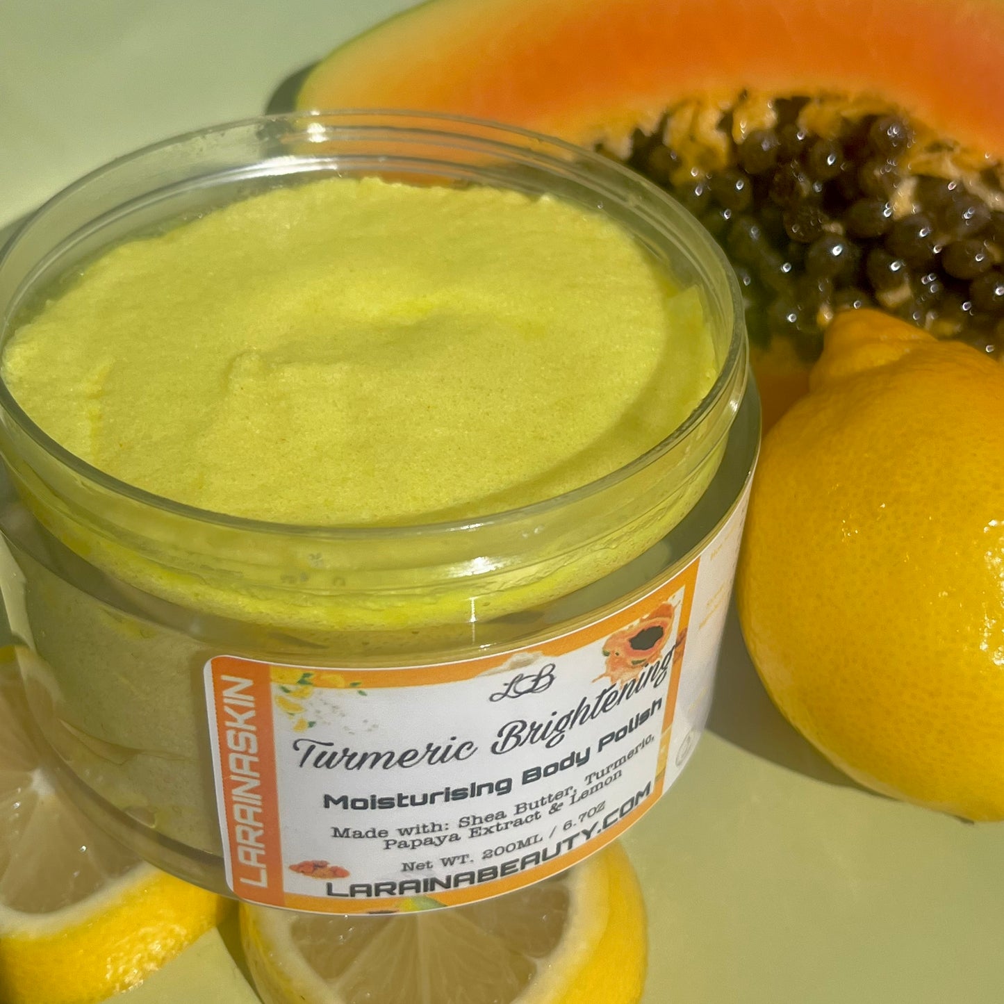 Turmeric Moisturising Body Polish is a body brightening scrub with deep exfoliating and moisturising benefits best for dry skin with inflammatory condition and those with hyperpigmentation or uneven skin looking for that natural glow. Made with turmeric powder and oil, lemongrass and lemon Essential oil, Shea butter and papaya extract. Its antibacterial properties also makes it ideal for oily skin with clogged pores and those likely to suffer ingrown hairs and body acne.