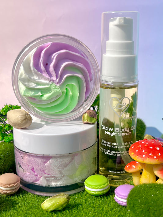 Pistachio Macaron body bundle- gourmand dessert inspired skincare gift set - body scrub to exfoliate and smooth, body butter to moisturiser dry skin & body oil to hydrate and seal for a healthy soft skin. Radiant glowing skincare routine - uk handmade vegan body butter. Creamy, nutty and sugar spun.