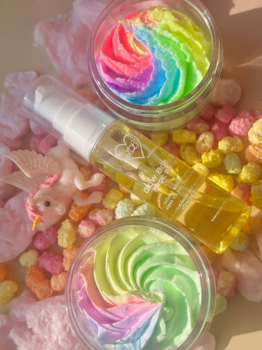 Unicorn body bundle- rainbow sweet fruity skincare gift set - body scrub to exfoliate and smooth, body butter to moisturiser dry skin & body oil to hydrate and seal for a healthy soft skin. Radiant glowing skincare routine - uk handmade vegan body butter