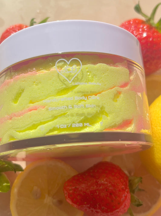 Summer Fruity Strawberry, Pink lemonade exfoliant. A foaming/cleansing and exfoliating gentle body scrub to achieve smooth soft skin. UK handmade Vegan skincare that brings a fun luxurious experience to self care and shower routines. Scrub and get rid of patchy dry skin, clogged pores and ingrown hairs. The best body scrub you could ever ask for.