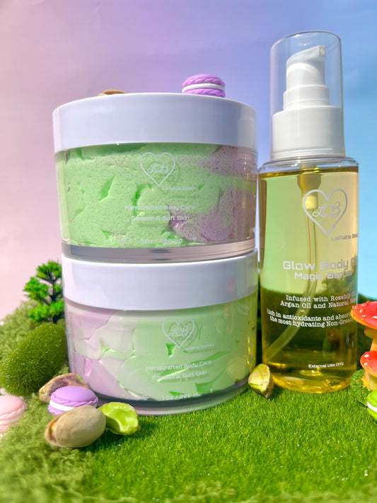 Pistachio Macaron body bundle- gourmand dessert inspired skincare gift set - body scrub to exfoliate and smooth, body butter to moisturiser dry skin & body oil to hydrate and seal for a healthy soft skin. Radiant glowing skincare routine - uk handmade vegan body butter. Creamy, nutty and sugar spun.