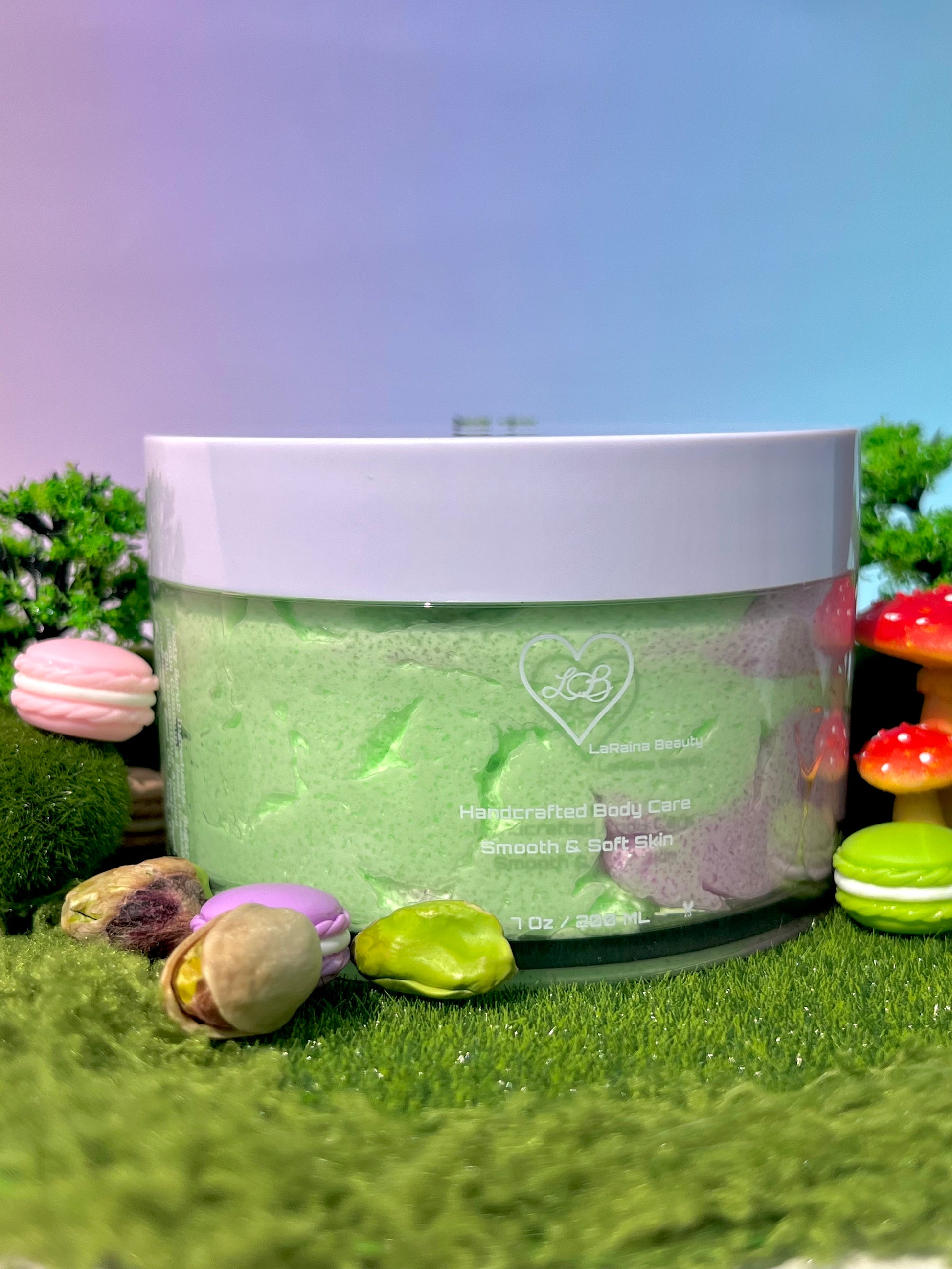 Pistachio macaron exfoliant, creamy nutty and surge spun gourmand dessert inspired bodycare. A foaming/cleansing and exfoliating gentle body scrub to achieve smooth soft skin. UK handmade Vegan skincare that brings a fun luxurious experience to self care and shower routines. Scrub and get rid of patchy dry skin, clogged pores and ingrown hairs. The best body scrub you could ever ask for.