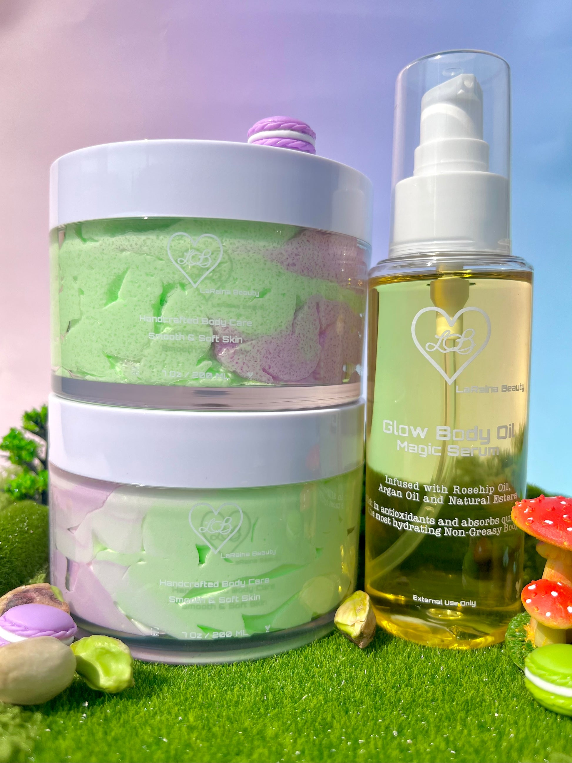 Pistachio Macaron body bundle- gourmand dessert inspired skincare gift set - body scrub to exfoliate and smooth, body butter to moisturiser dry skin & body oil to hydrate and seal for a healthy soft skin. Radiant glowing skincare routine - uk handmade vegan body butter. Creamy, nutty and sugar spun.