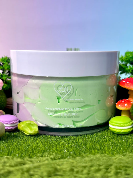 creamy nutty sugar Whipped Body Butter - Pistachio macaron scented body moisturiser for dry skin and inflammatory skin conditions. Skincare treatment, uk handmade vegan body butter, gourmand dessert inspired bodycare
