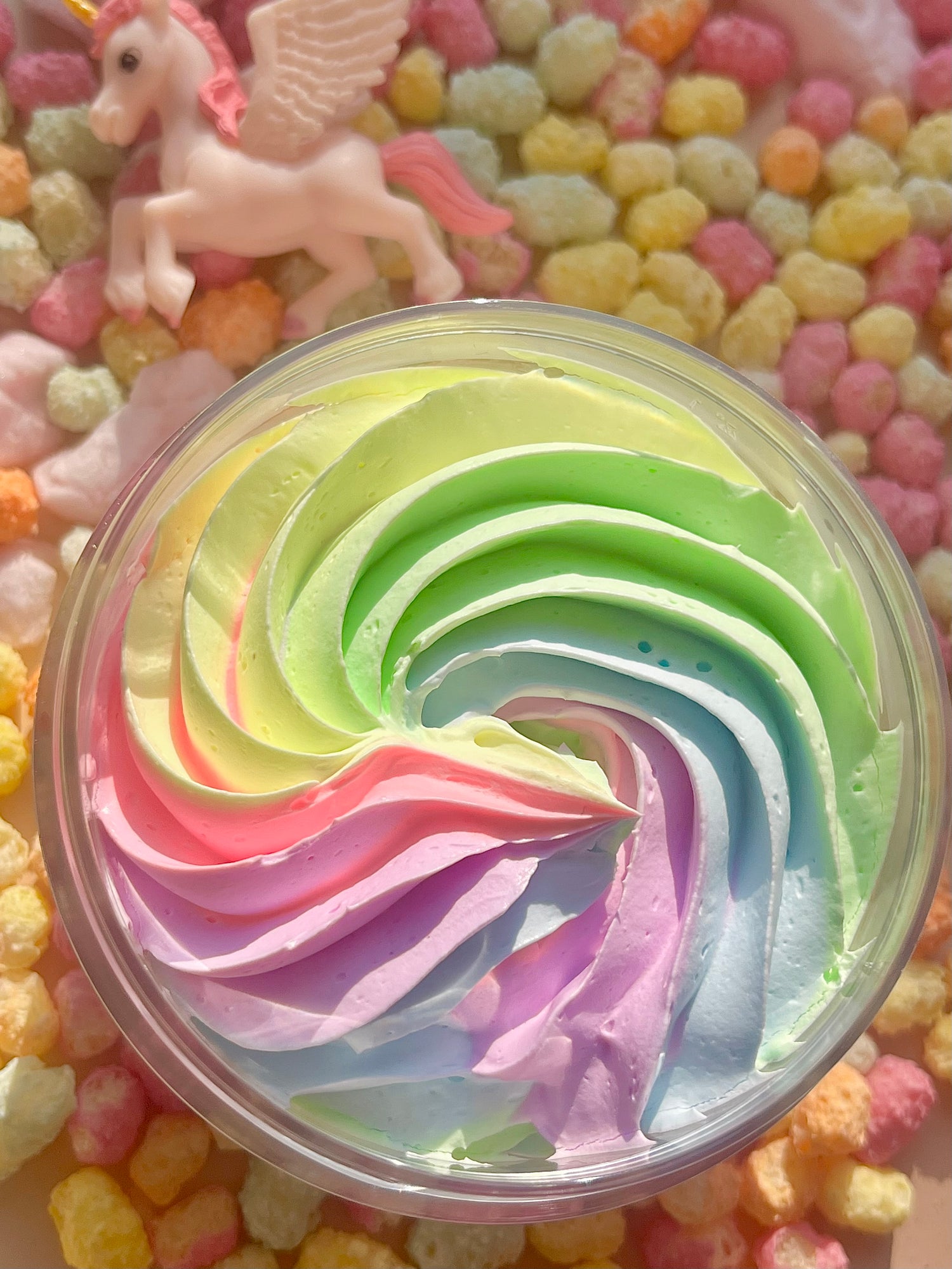 Unicorn Glaze Whipped Body Butter - Unicorn/bubblegum/candy-floss, rainbow sweet fruity scented body moisturiser for dry skin and inflammatory skin conditions. Winter Skincare treatment, uk handmade vegan body butter