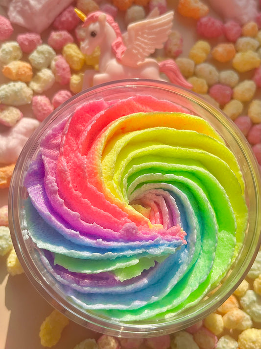 rainbow unicorn body scrub, sweet fruity body exfoliant. A foaming/cleansing and exfoliating gentle body scrub to achieve smooth soft skin. UK handmade Vegan skincare that brings a fun luxurious experience to self care and shower routines. Scrub and get rid of patchy dry skin, clogged pores and ingrown hairs. The best body scrub you could ever ask for.