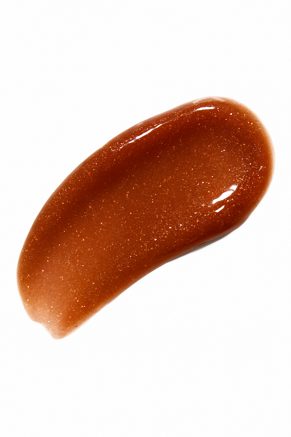Brown lip gloss swatch on a white background with gold shimmer