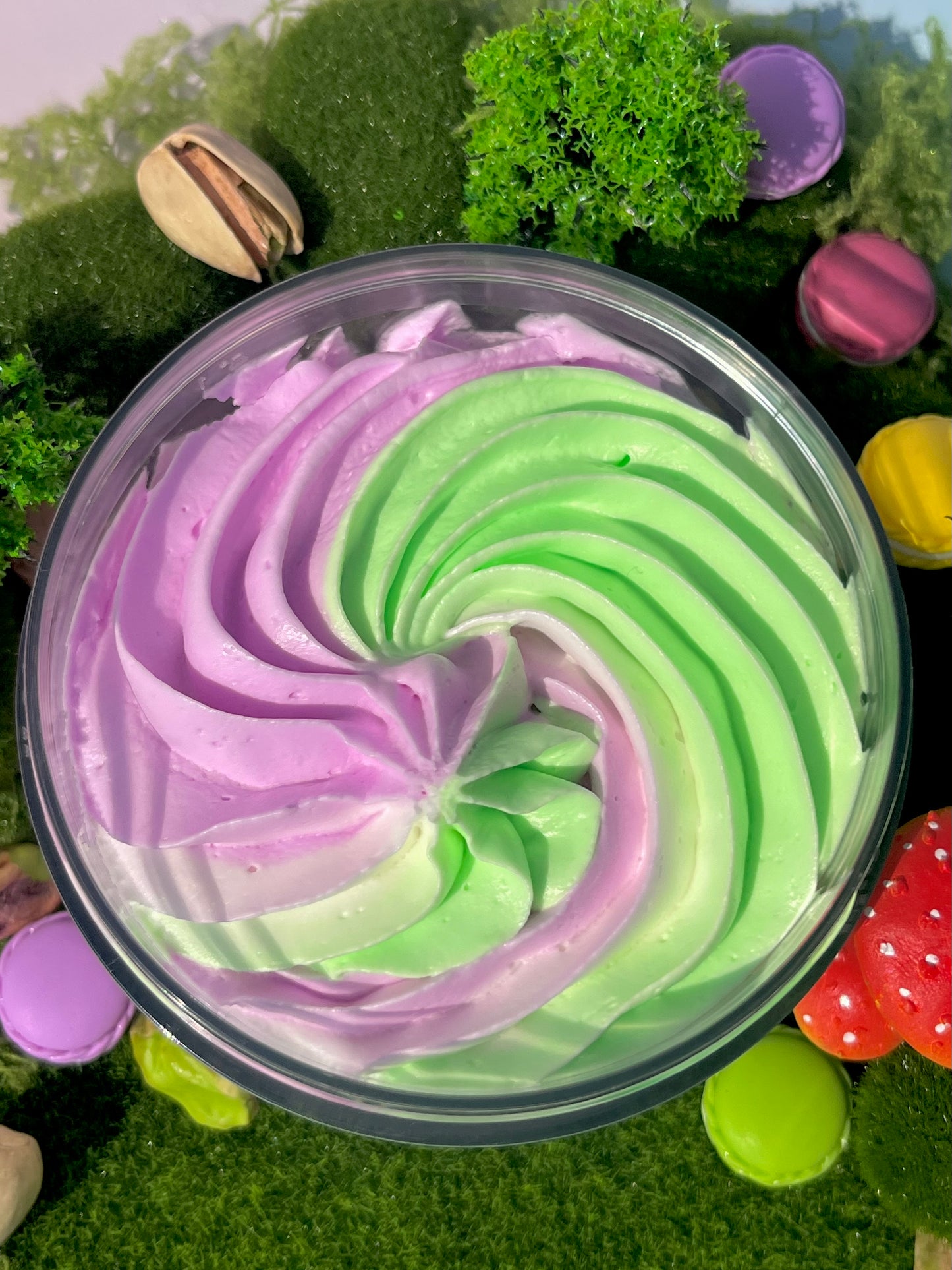creamy nutty sugar Whipped Body Butter - Pistachio macaron scented body moisturiser for dry skin and inflammatory skin conditions. Skincare treatment, uk handmade vegan body butter, gourmand dessert inspired bodycare