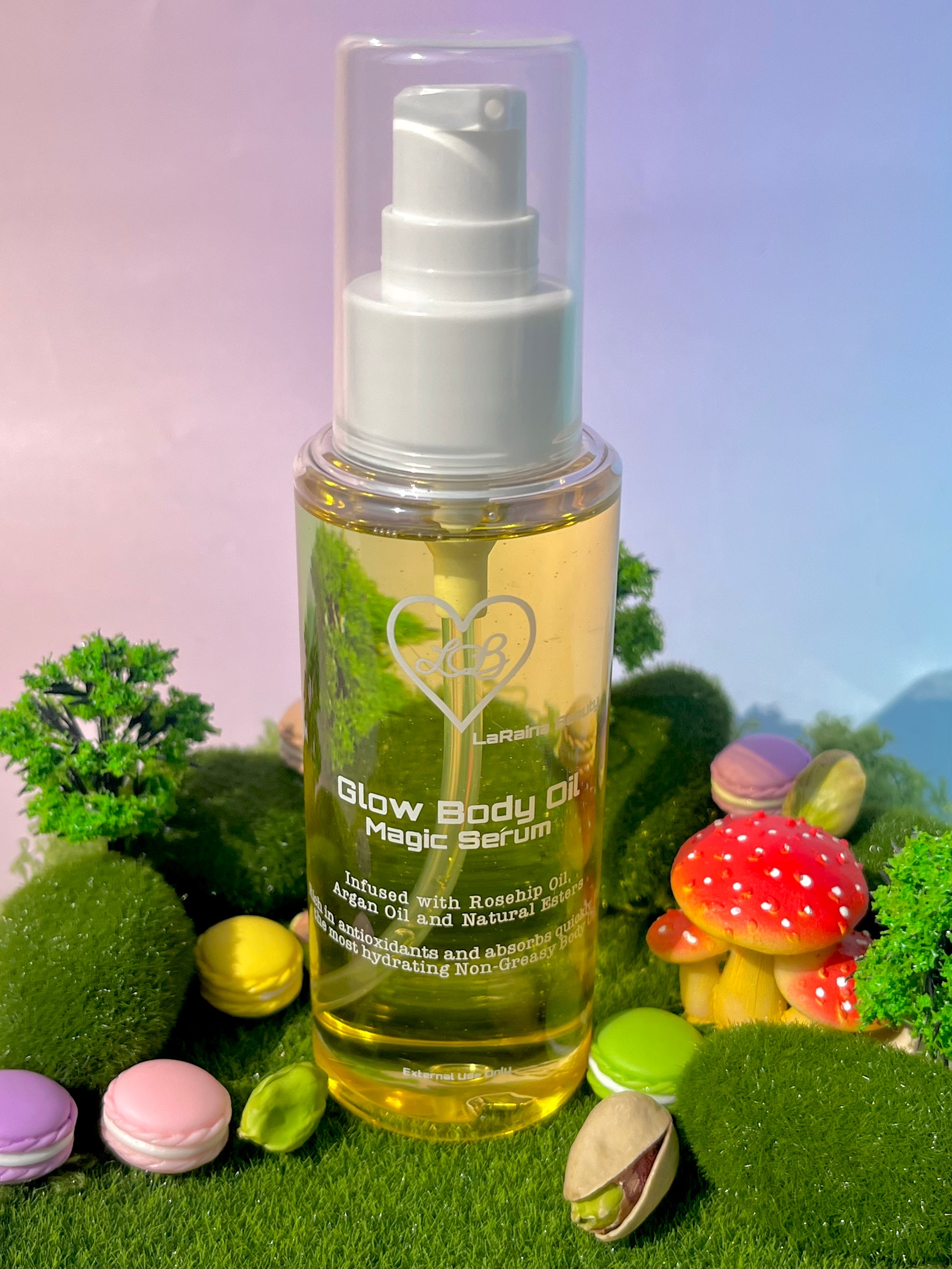 Bottle of Glow Body Oil Magic Serum with decorative mushrooms and plants on a grassy background