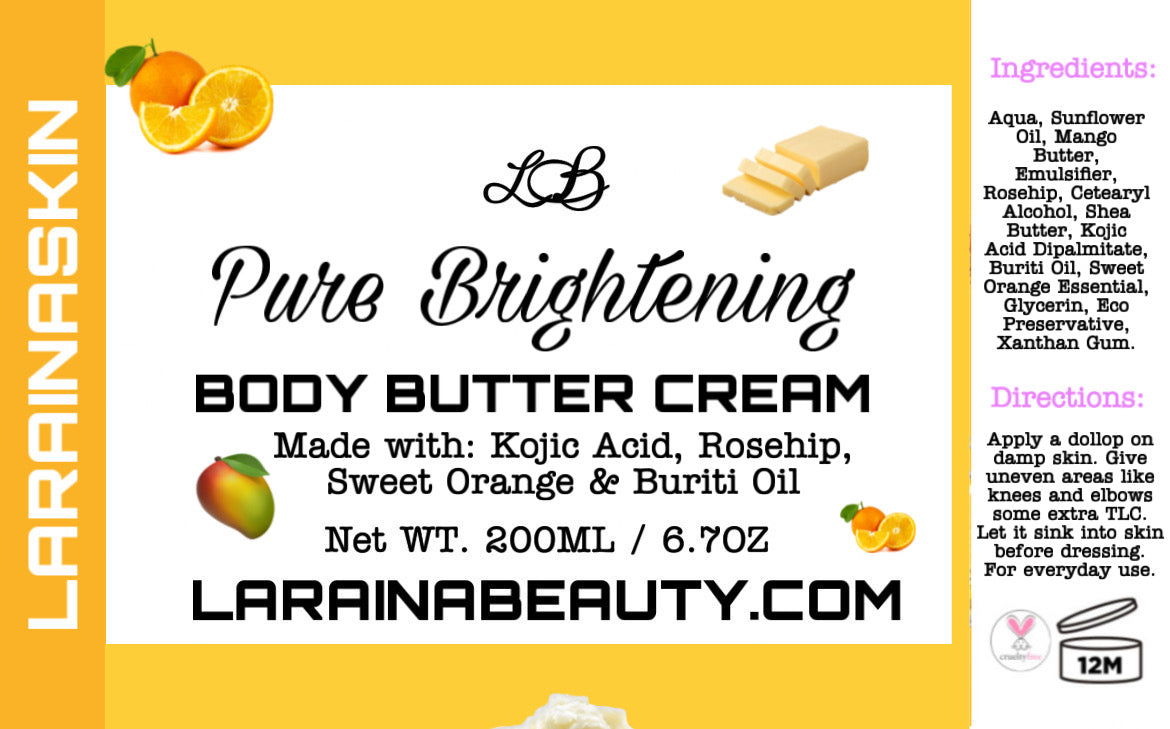 This brightening body cream is made with natural active ingredients such as kojic acid and natural brightening ingredients to help reduce the appearance of uneven skin, hyperpigmentation and scars. This is the best moisturising cream, it has a lightweight feel, made with body butters that nourish with vitamin e. Fragrance free and suitable for acne prone skin