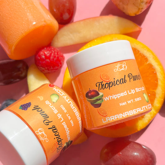 tropical fruit punch flavoured lip scrub, moisturising whipped lip scrub